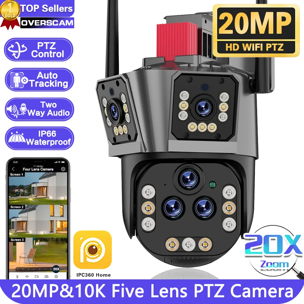 

10K 20MP WiFi IP Camera 20X Zoom Surveillance Camera Outdoor Auto Tracking Four Lens Three Screen PTZ 16MP 8K Video Camera 360°