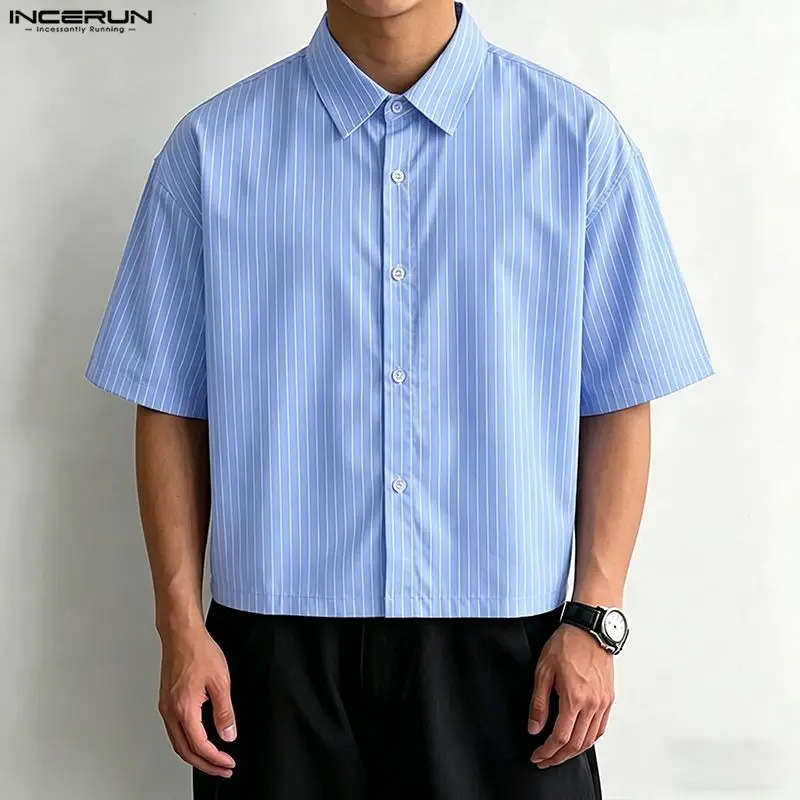 INCERUN Herren Gestreiftes Hemd mit Revers, Kurzarm, Herrenbekleidung, Sommer, Lockerer Koreanischer Stil, 2026 Mode, Lässige Oberteile für Männer, S-5XL