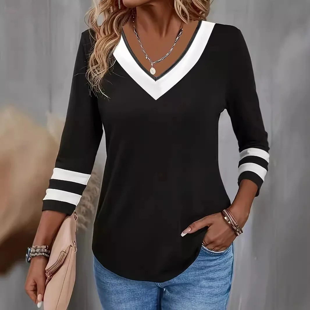 تي شيرت نسائي لخريف وشتاء 2025 مطبوع عليه شريطية تي شيرت برقبة على شكل V وأكمام طويلة تي شيرت مرقع للمكتب ملابس علوية غير رسمية للسيدات #2