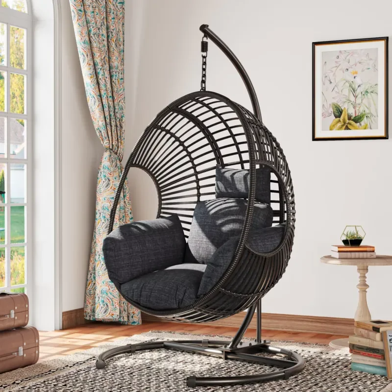 Wide U-Base Hanging Egg Chair 400lb Capacity Patio Swing 8-Inch Cushion Weatherproof PE Rattan Cover Modern Home Office