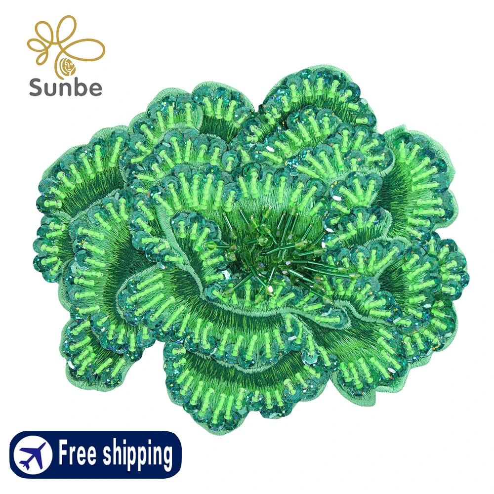 3D Green Flowers Hand-beaded Fabric Patches Sew on Patch Beaded Applique Fashion Bead Patch Sequin and Bead Embellishments