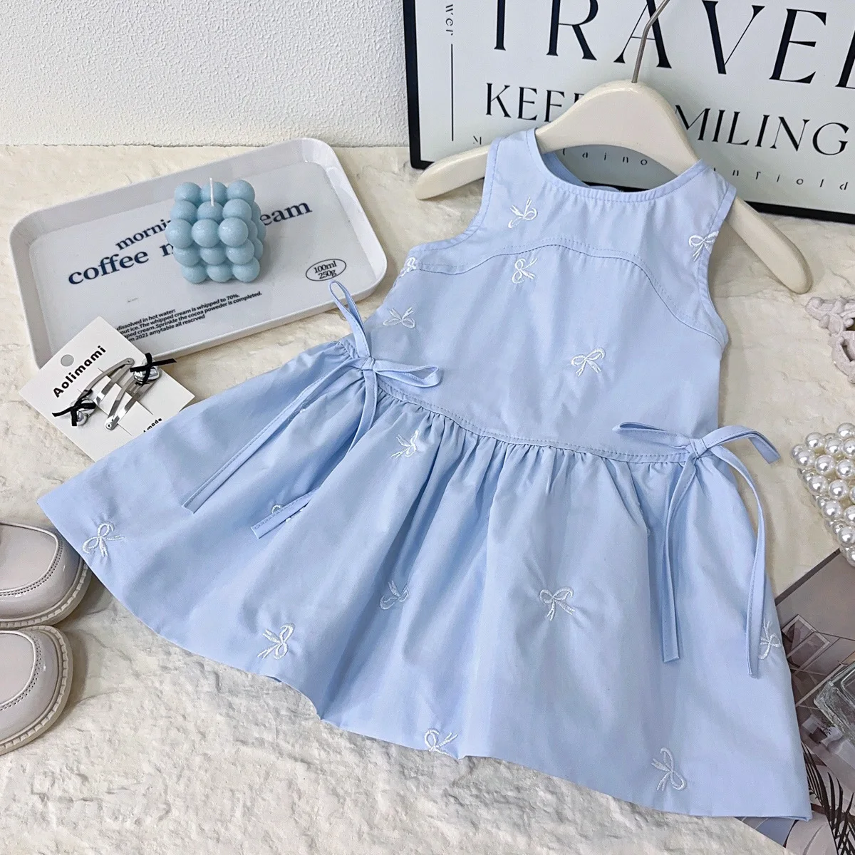 

Embroidered Bow Dress Summer New Fashionable Cute Solid Color Casual Buttul-knot Princess Sleeveless Dress