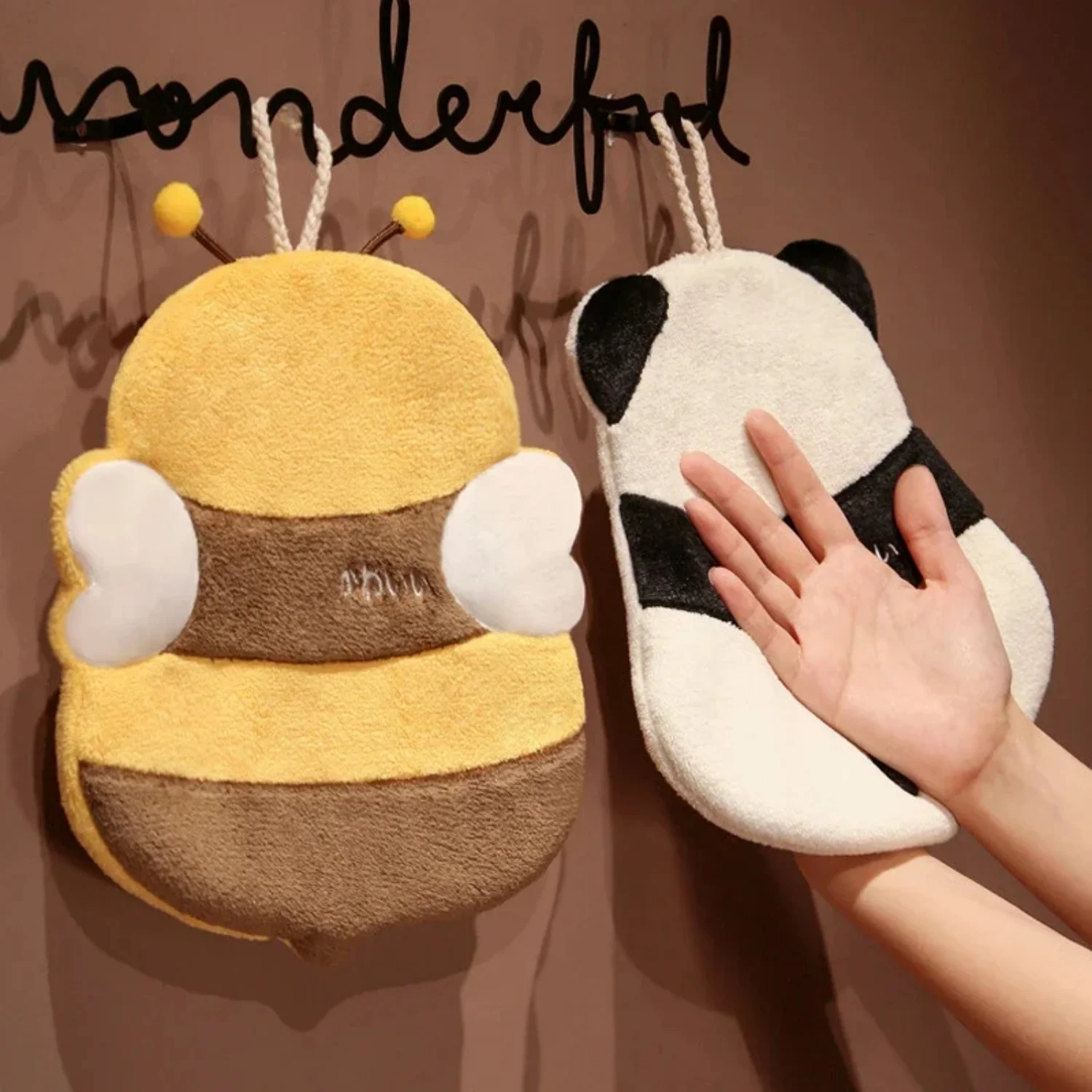 Coral Fleece Hand Towel Cartoon Bee Panda Plush Lanyard Multi-functional Absorbent Towels Wipe Handkerchief for Kitchen Bathroom