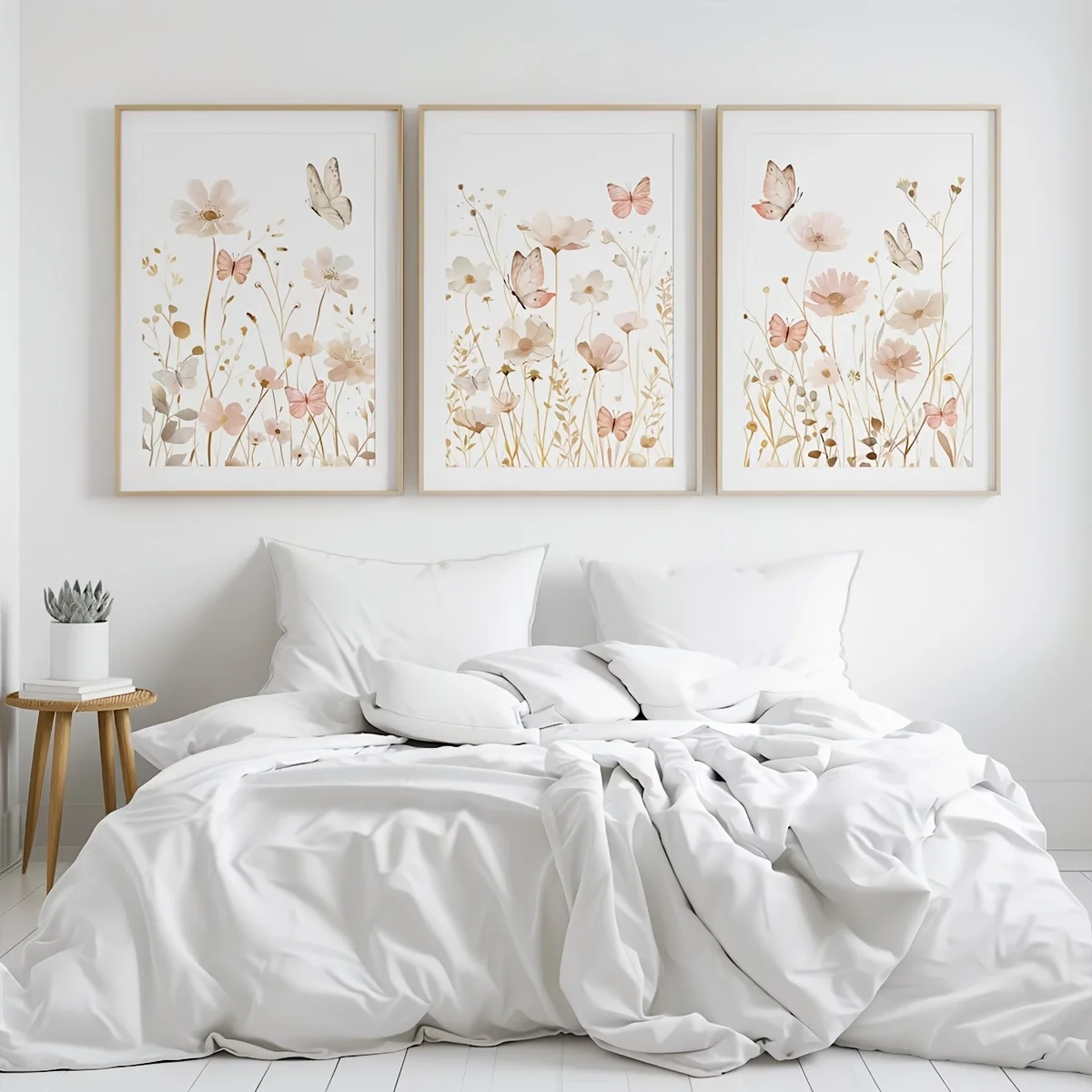 3-teiliges Set Bohemian Schmetterling Tier Leinwanddruck Rosa Beige Wildblumen Pflanzen Wandkunst Poster für Moderne Frühlings-Heimdekoration