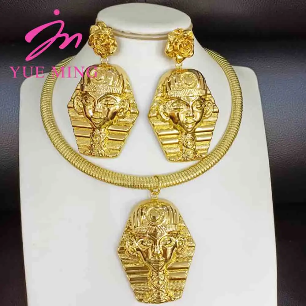 Charms Gold Plated Jewelry Sets for Women Egyptian Head Bracelet Ring Necklace Earrings 4pcs Wedding Engagement Party Jewelry