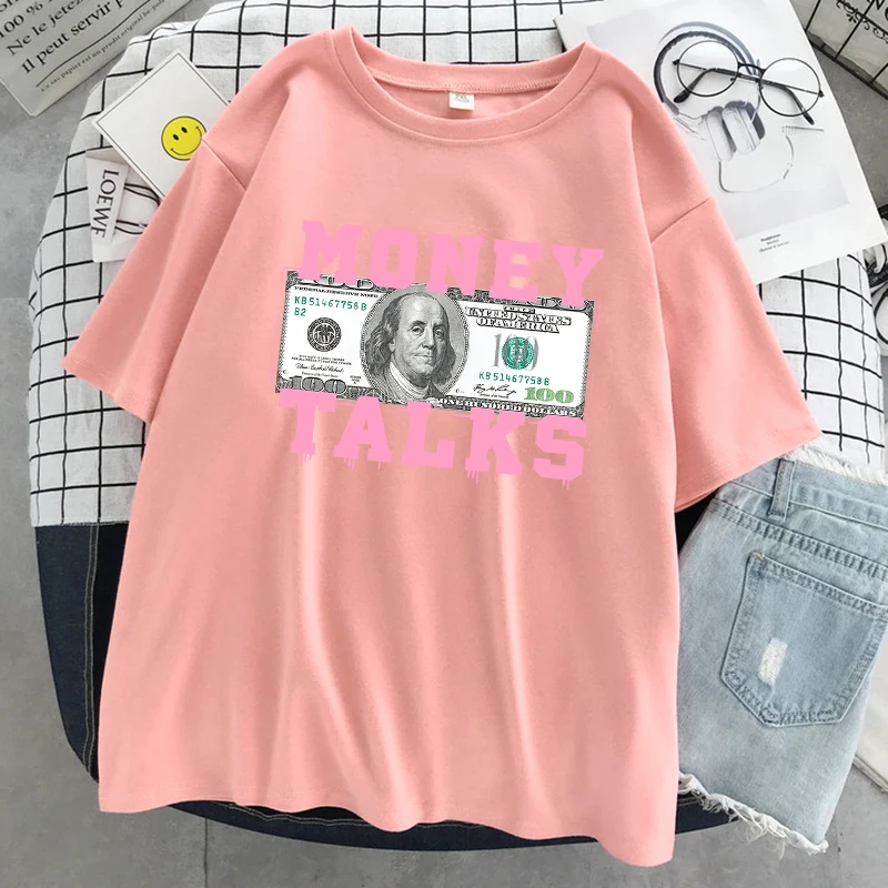 Money Talks The Power Of The Us Dollar Tshirt Women Street Casual Short Sleeve Cotton Street Tees Oversized Hip Hop T Shirts
