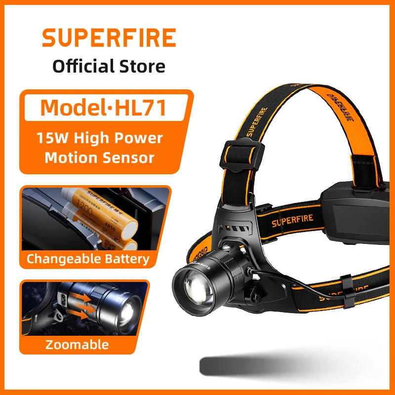 

SUPERFIRE HL71 Powerful LED Headlamp Telescopic Zoomable Head Torch Sensor USB-C Rechargeable Fishing Camping Portable Headlight