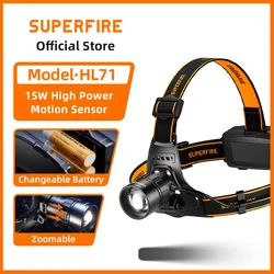 SUPERFIRE-Poderoso Zoomable Sensor de Movimento Farol, Farol para Camping, Farol, Farol, 18650, HL71, xhp50, 15W, USB-C, Super Brilhante