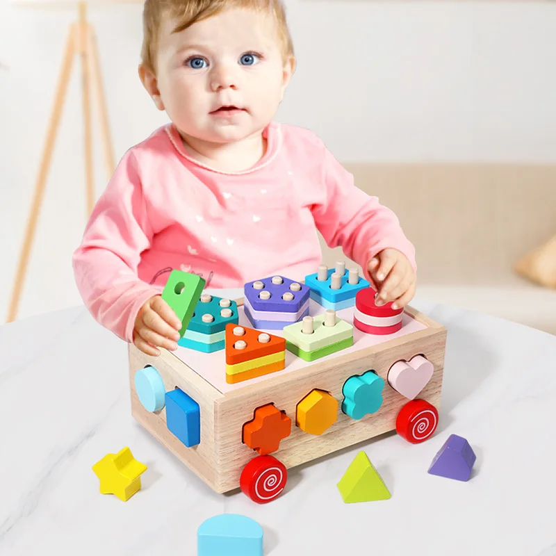 Wooden Shapes Sort Car Toys Montessori Early Education Puzzles Sorter Matching Blocks Box Game Holiday Gifts For Children