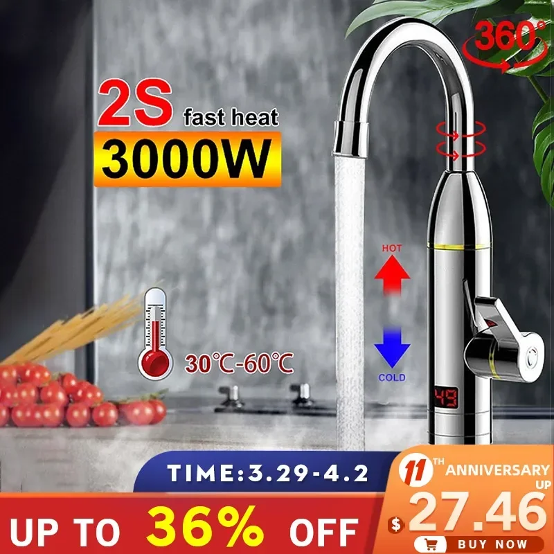 3000W 220V Kitchen Instant Heating Faucet Heater Hot Cold Dual-Use Tankless Water Quickly Heating Tap Shower with LED Display