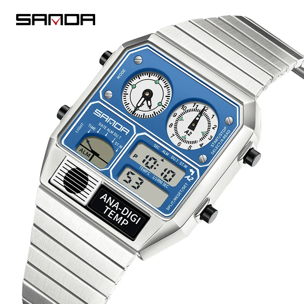 SANDA 3192 Square Student Electronic Watch Multi functional Waterproof LED Temperature Gauge Chronograph Men's Electronic Watch