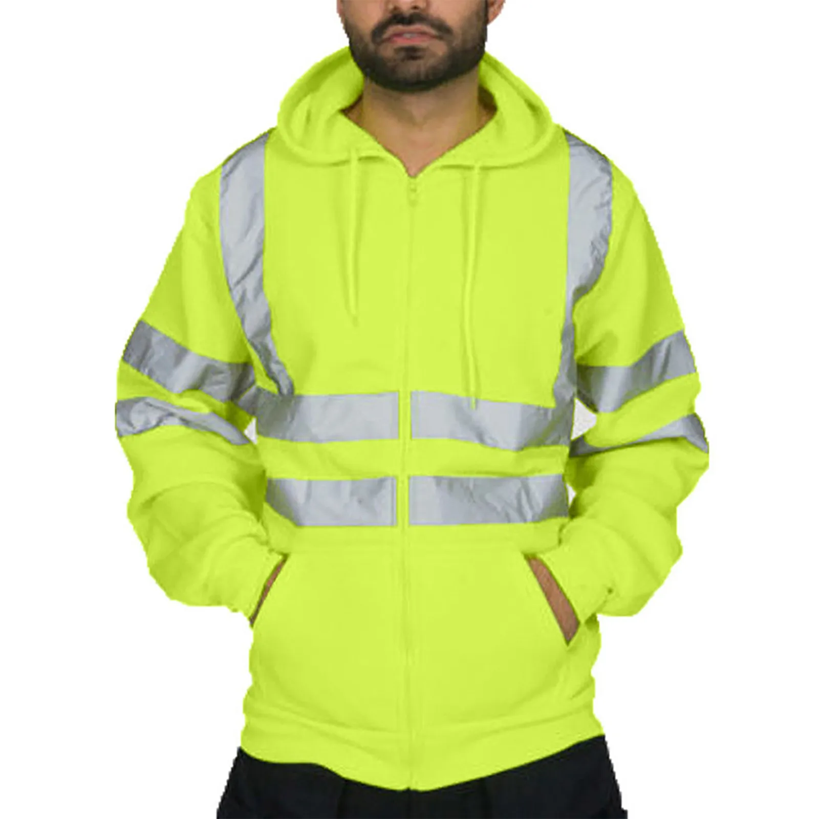 Man Sweatshirt Fashion High Visibility Mens Road Work Jacket Men\'S Reflective Strip Hoodies Color Block Long Sleeve Work Coat