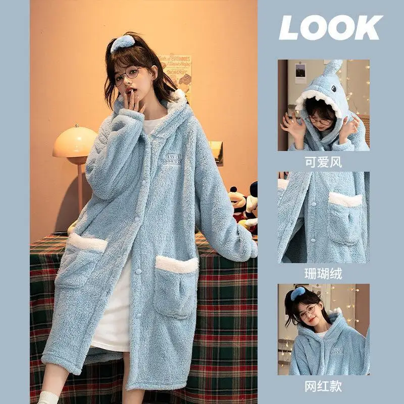 Conjunto de pijama feminino bonito com capuz aconchegante coral veludo outono inverno manter quente flanela robe grosso confortável pijamas roupas para casa