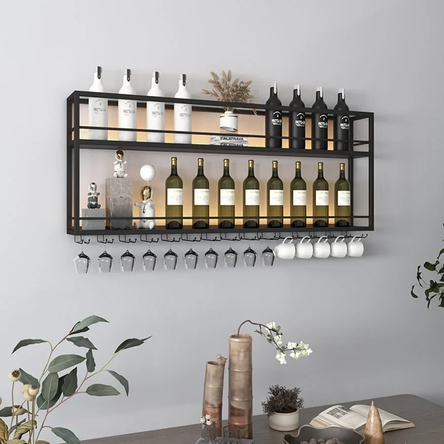 Hanging Wine Rack Wall Mounted Led Lights Black Shelf Night Club Restaurant Decorative Wine Cabinet Iron Szafka Bar Furniture