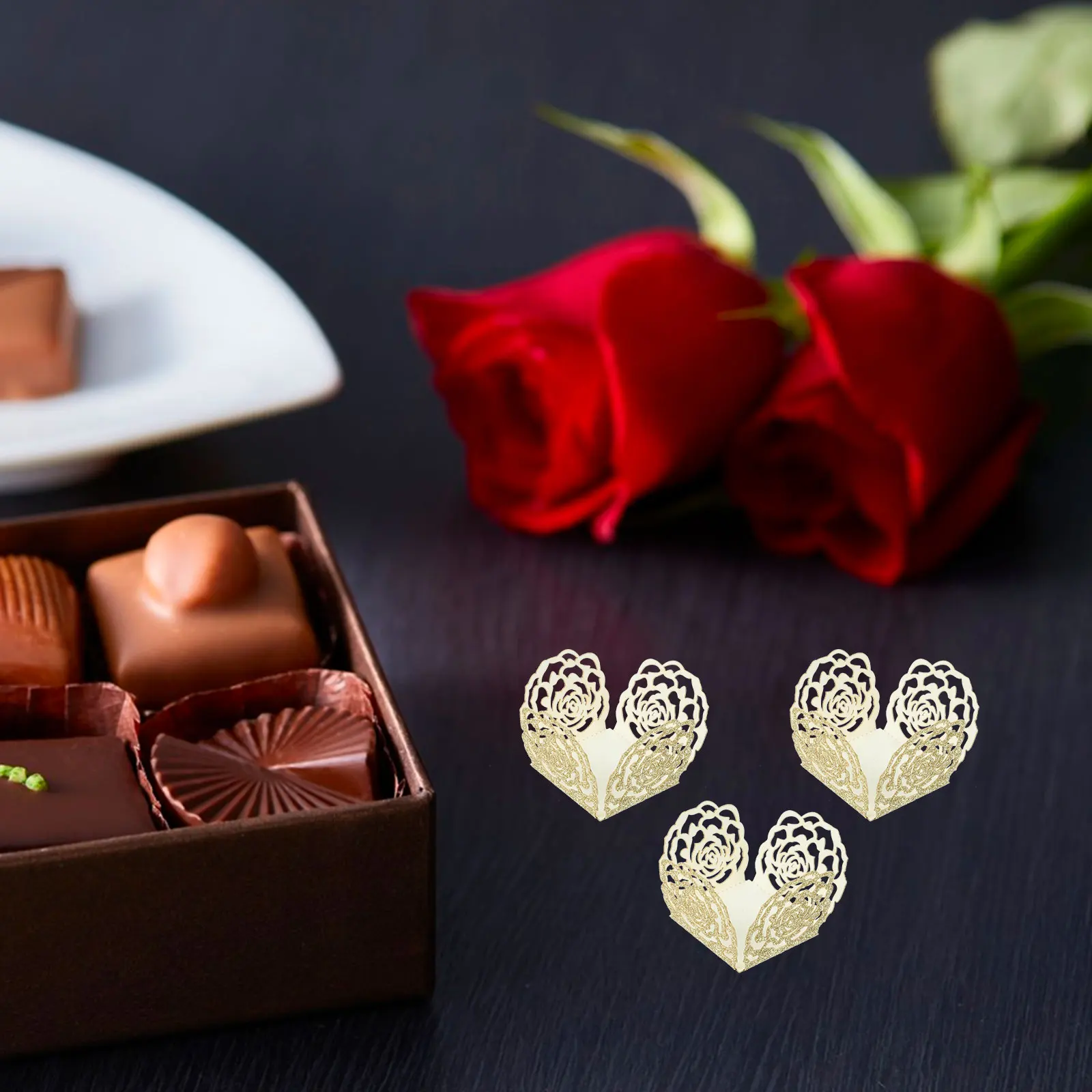 

50pcs Chocolate Tray Decorative Paper Cups Hollow Rose Wedding Party Supplies Lightweight Compact Storage Transport Chocolate