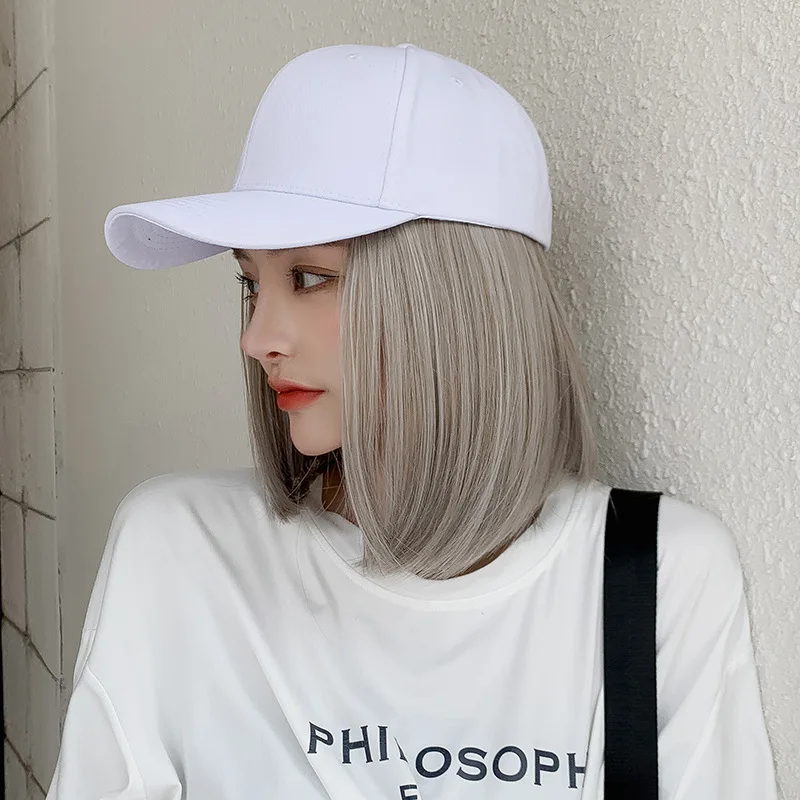 Hair Extensions Fashion Detachable Wig Hat Set Short Straight Bobo Synthetic Wigs Baseball Bucket Cap For Women