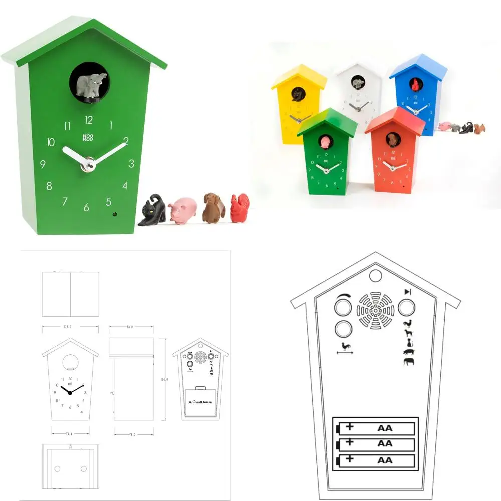 

Farmhouse Cuckoo Clock - Green, Small Size, with 5 Animal Sounds from Natural Recordings