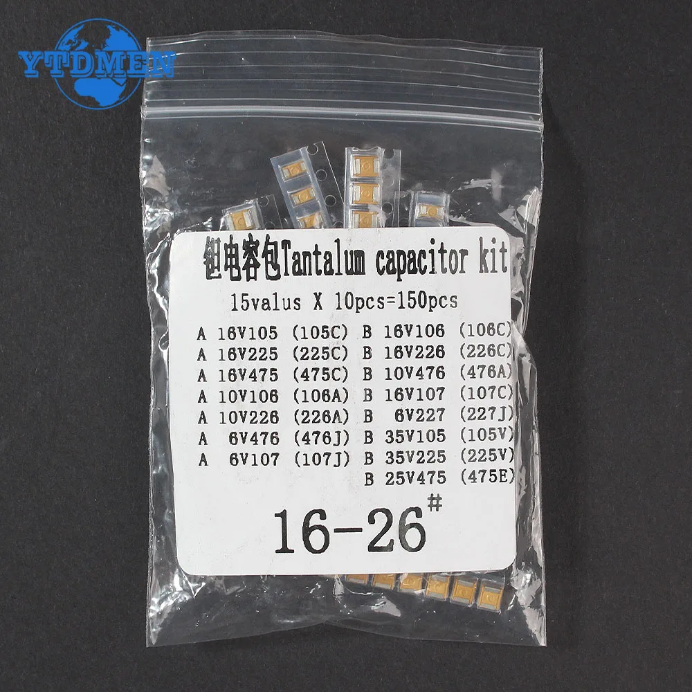 150PCS SMD Tantalum Capacitor Assortment Kit 1uf-220uf A/B Case Tantalum Capacitors Set 1UF 2.2UF 4.7UF 10UF 47UF Capacitors