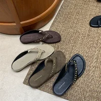 Women's Studded Suede Flip Flops, Square Toe Slip-on Sandals, Comfortable Casual Summer Footwear for Street Style - Image 2