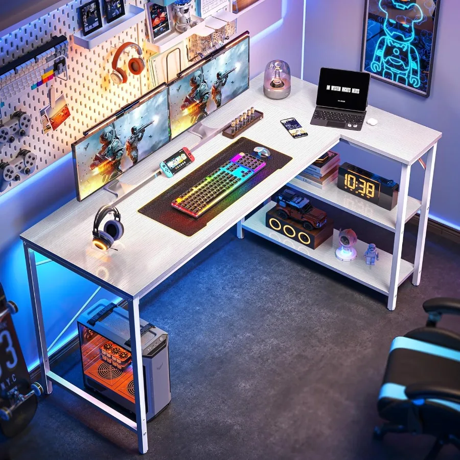 مكتب كمبيوتر على شكل حرف L مقاس 55 بوصة مع أرفف تخزين قابلة للعكس لزوايا الألعاب والمكتب المنزلي ودراسة الكتابة المعدنية المتينة