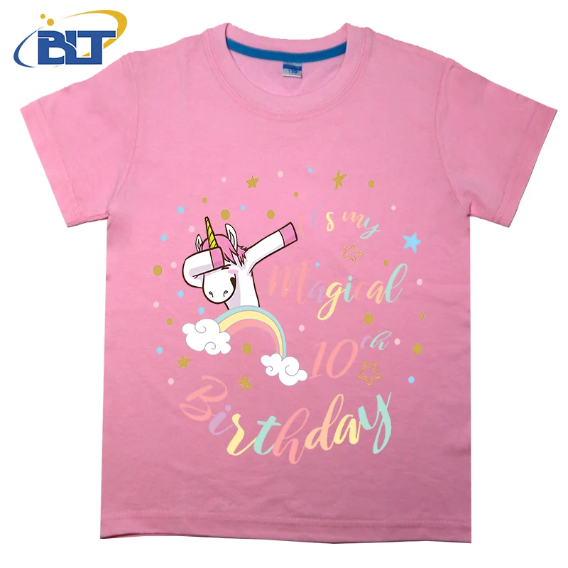 Girl 10thBirthday Magical Unicorn printed kids T-shirt, summer cotton short-sleeved casual top, suitable for both boys and girls