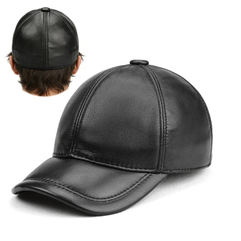 

Genuine Goatskin Leather Fitted Full Closed Cap Hat Bill New Trucker Men Dad Elder Baseball Snapback Sun Visor Era