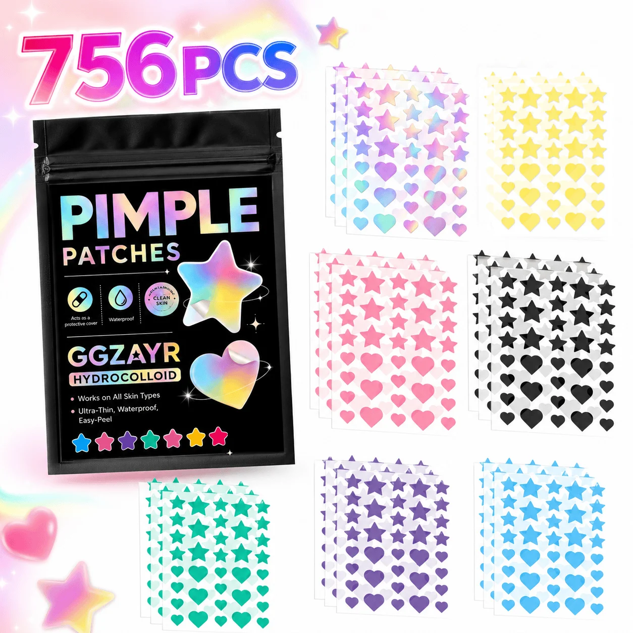 756PCS Colorful Star Heart Pimple Patch Set Hydrocolloid Face Stickers Waterproof Thin Covers for Daily Travel Party Gifts