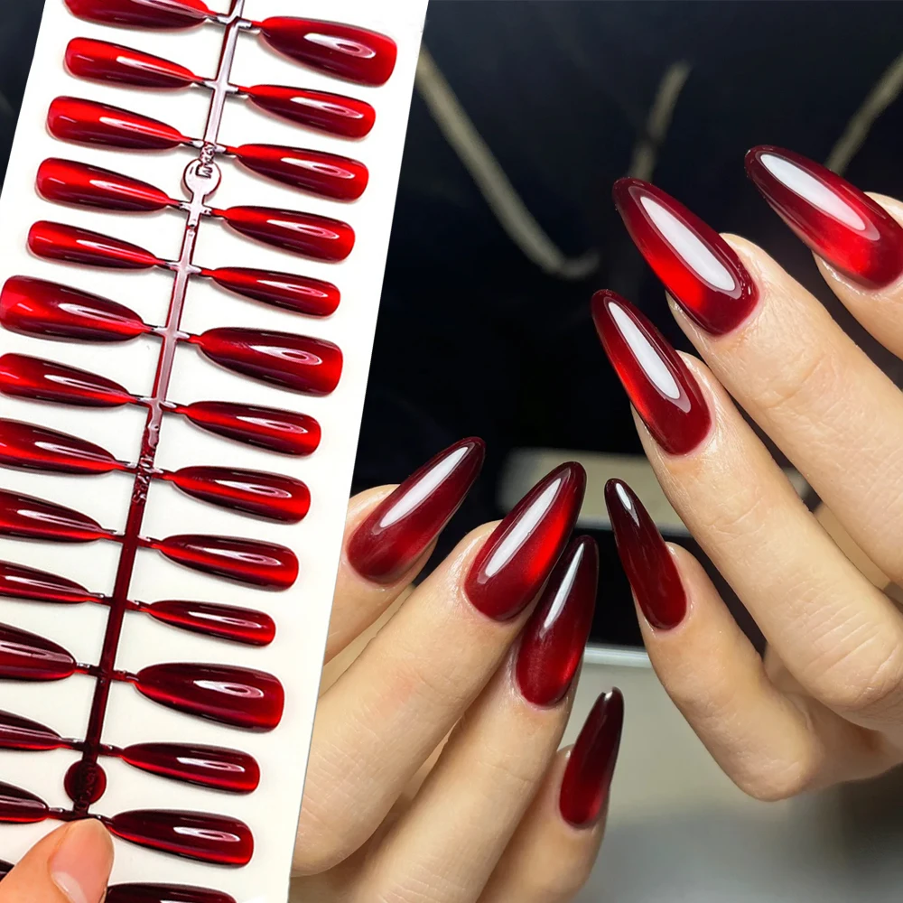 

30pcs Long Almond Red Cat Eye Press-On Nails Halloween Gothic Scarlet Long Coffin Fake Nails Glossy 3Sizes Halloween Fasle Nail