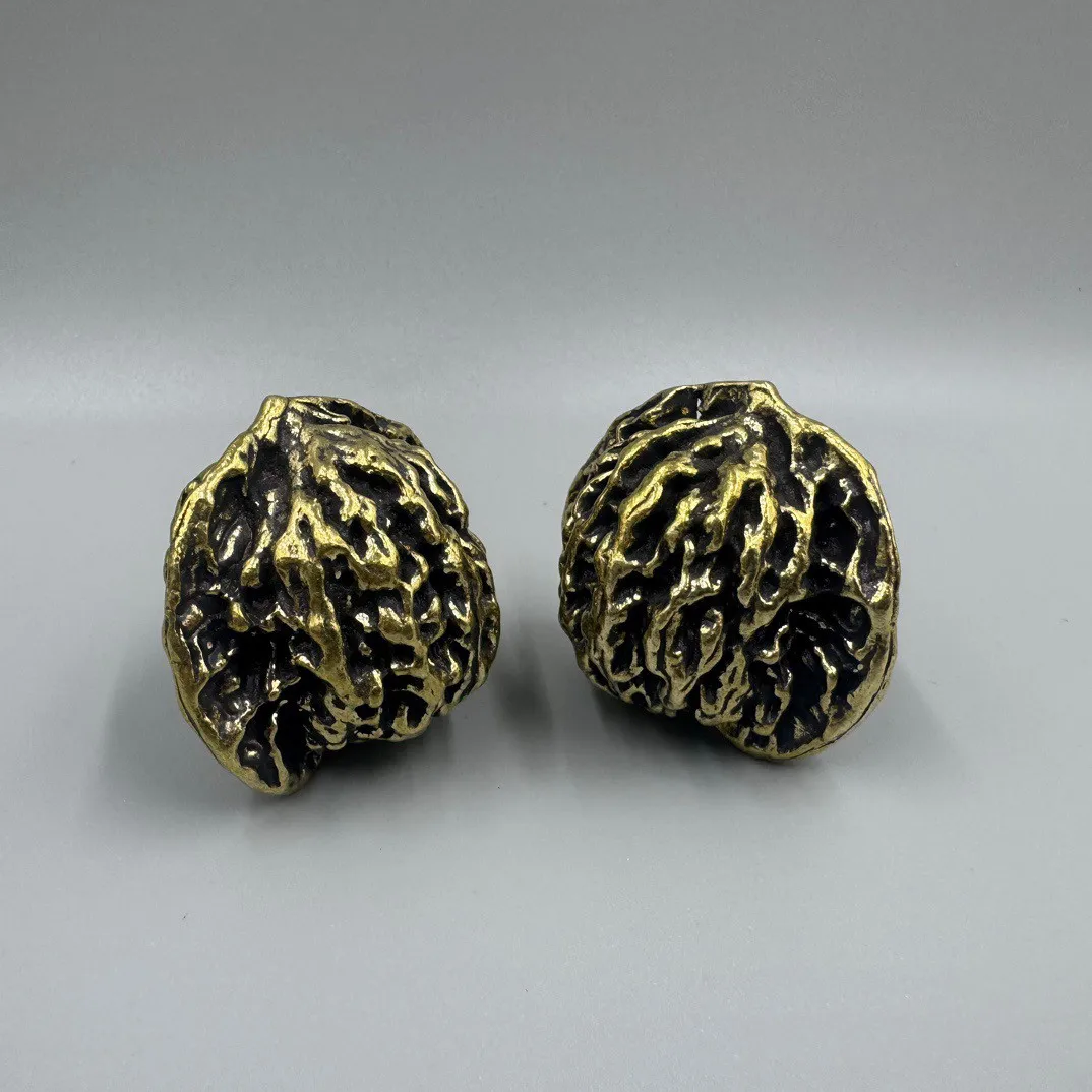 Vintage Brass Walnut Hand Piece Extra Large Lion Head Kylin Pattern Worry Stone Antique Collectible