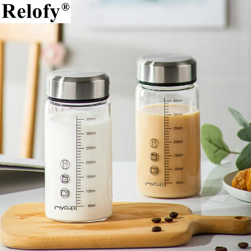 350ml Glass Milk Water Bottle with Cup Sleeve and Lid Family Portable Breakfast Coffee Juice Milk Tea Cup with Capacity Mark