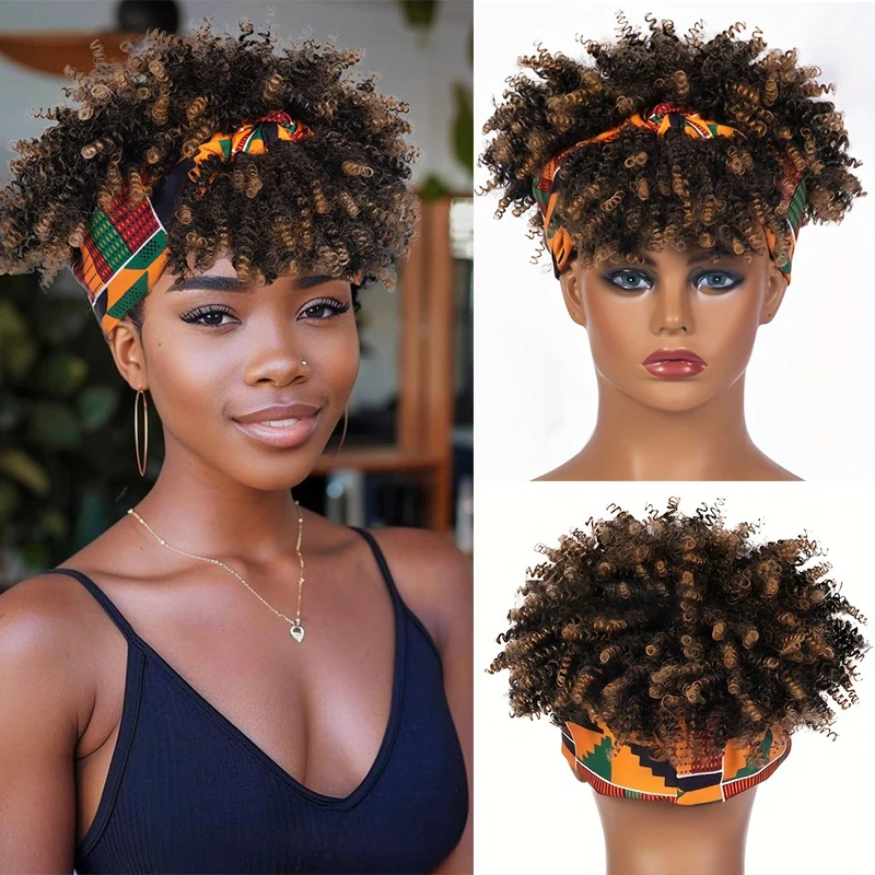 

Ombre Blonde Kinky Curly Headband Wig Short Afro Kinky Curly Wigs for Women Synthetic Afro Headwrap Wig with Headband Attached