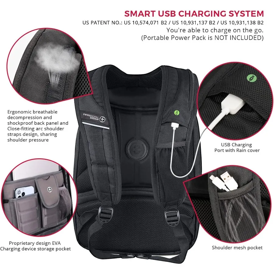 حقيبة ظهر للكمبيوتر المحمول من Swissdigital Design TSA للرجال بمنفذ شحن USB بسعة كبيرة حقيبة ظهر للسفر للأعمال باللون الأسود مع Apple Find M #6