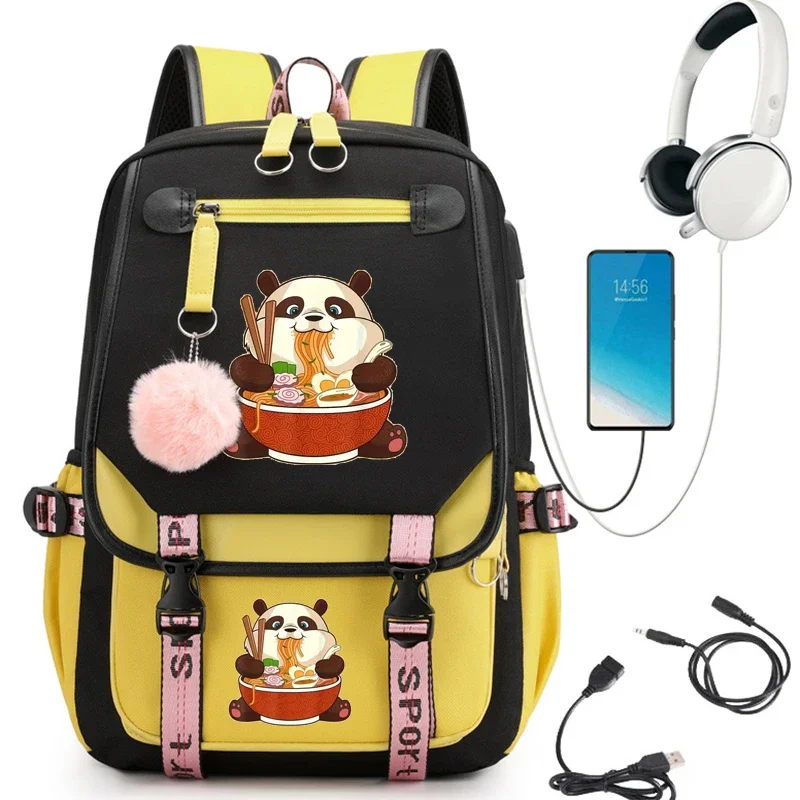 

Panda Eat Ramen Anime Girls Backpack Cute School Bags for Student Teens Girls Bookbag Women Laptop Backpack Usb Charging Mochila