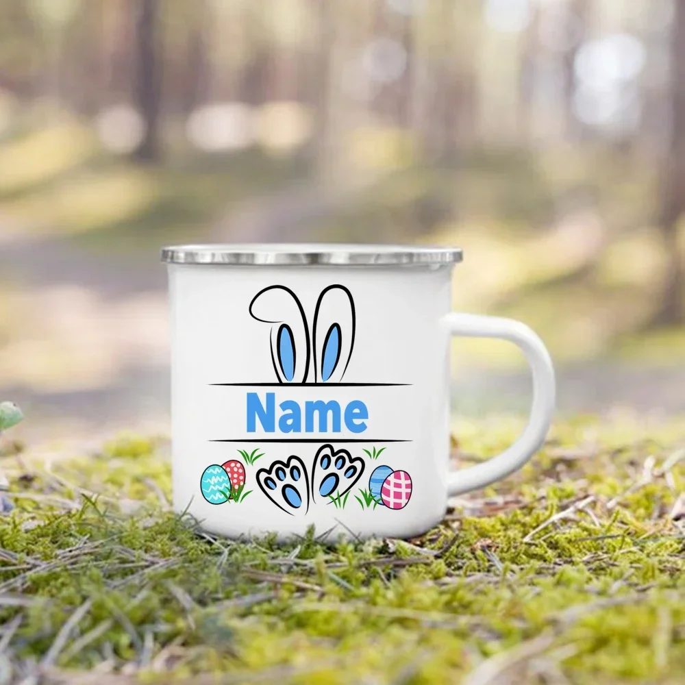 Personalized Bunny Easter Enamel Mugs Custom Name Kids Cocoa Chocolate Sibling Mug Easter Party Drink Juice Milk Cup Kid Gift