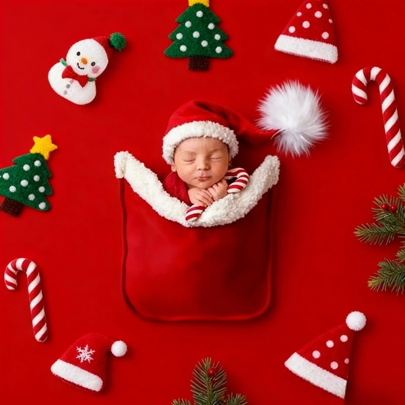 Newborn Photography Backdrop  - Soft Red Blanket with Pocket&Christmas Hat. 크리스마스 아기의상 신생아 사진костюм для фотосессии новорожденных