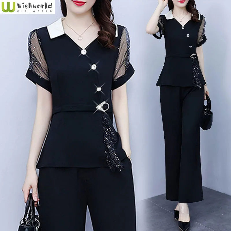 

2022 New Spring and Summer Style Fashion Slim Short Sleeve Two Piece Set High-end Waist Closing Large Women's Suit