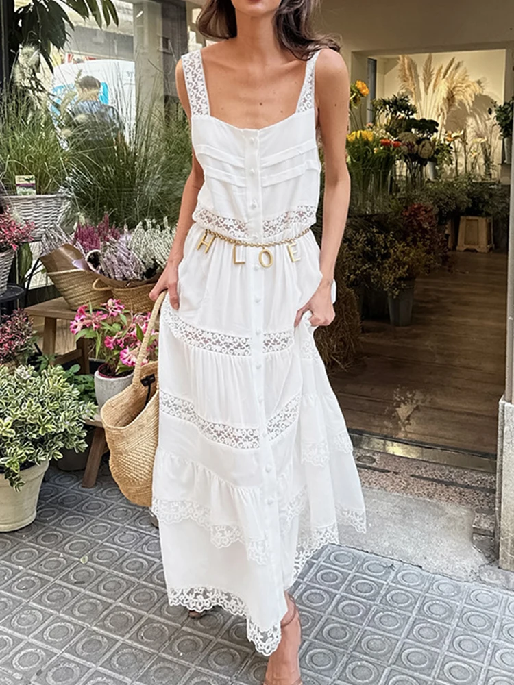 Senhora cintura alta cor sólida vestido de noite verão rendas oco para fora bohe maxi vestido causal sem mangas plissado praia férias vestido