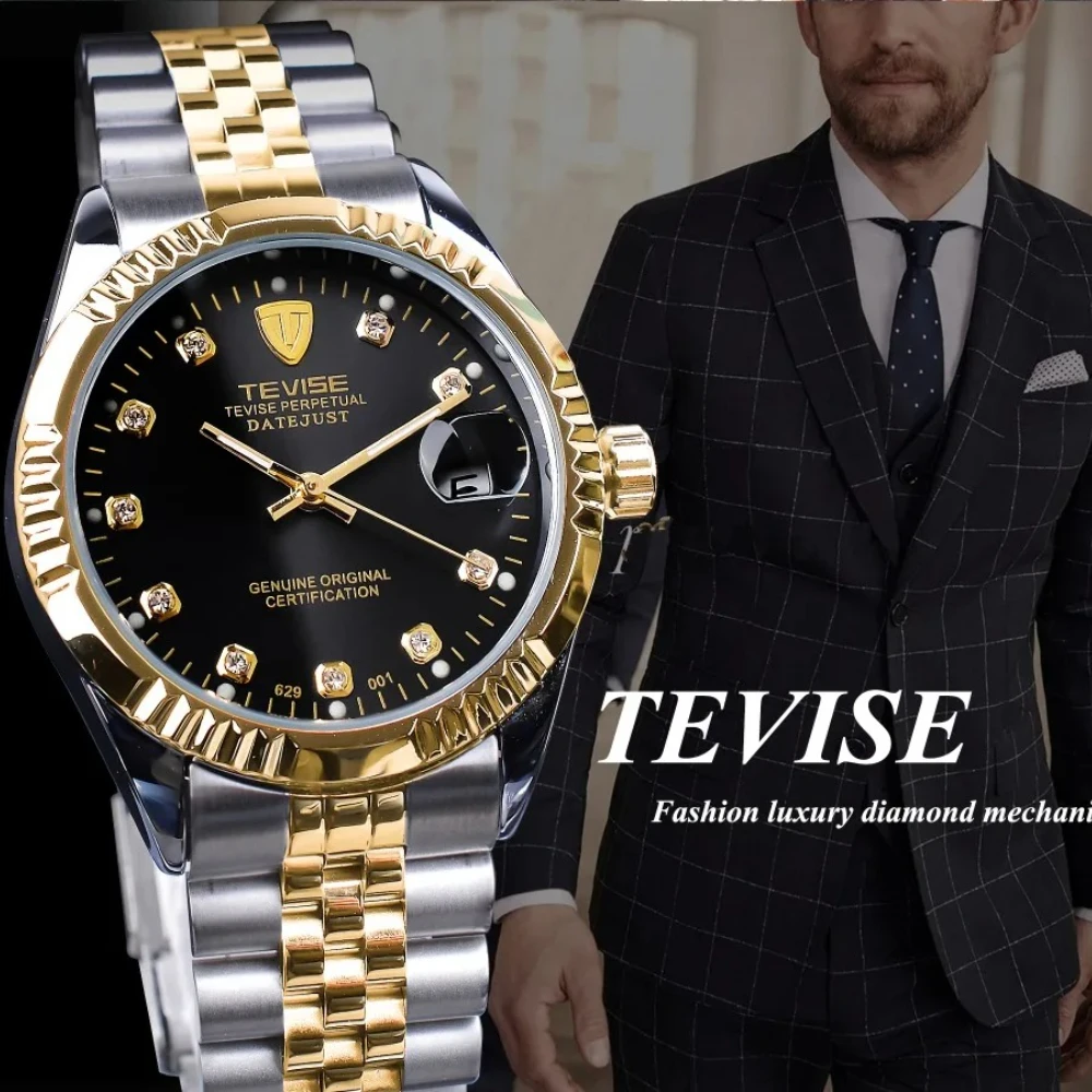 TEVISE 629 Luxury Brand Diamond Gold Black Fashion Watch Stainless Steel Automatic Mechanical Clock Calendar Unique Gift for Men