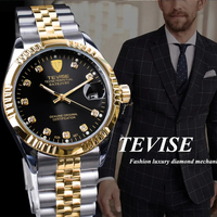 TEVISE 629 Luxury Brand Diamond Gold Black Fashion Watch Stainless Steel Automatic Mechanical Clock Calendar Unique Gift for Men