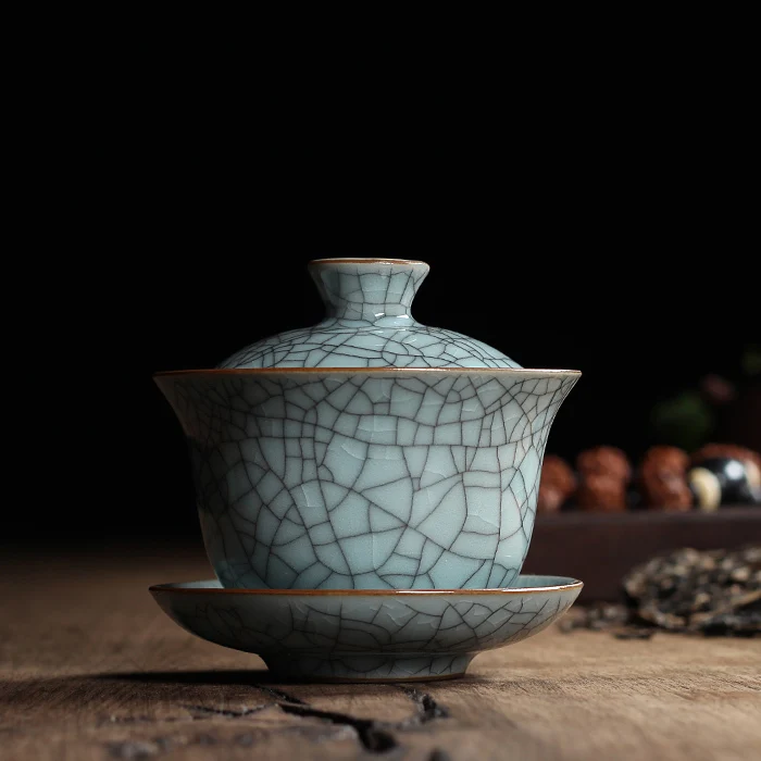 [GRANDNESS] Chinese Ge Kiln Longquan Celadon Porcelain Gaiwan China Teacups and Tea Bowl Ceramic 155ml Crackle Glaze Tea Pot