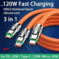 120W 6A Fast Charging C Type Cable Micro3 in 1 Micro USB iPhone Charging Cable Samsung Huawei Xiaomi Phone Charger USB Cable