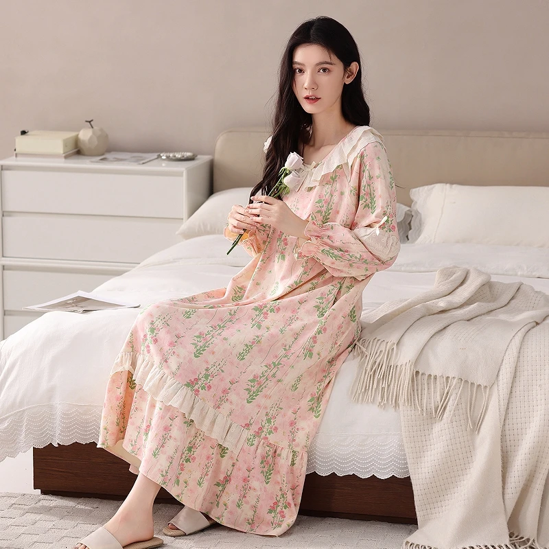 2026 New Sweet Loose Women's Cotton Sleepwear, Long Sleeve Nightgown with Mid-Length Skirt for Spring and Autumn, Suitable for O