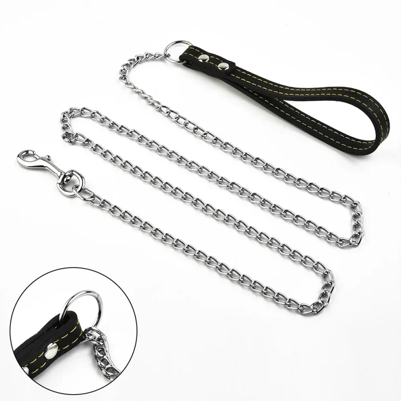

Metal Chain Dog Lead with Leather Style Handle Strong Control Leash Iron Dog Pets Supplies Collars Harnesses Chain Traction Rope