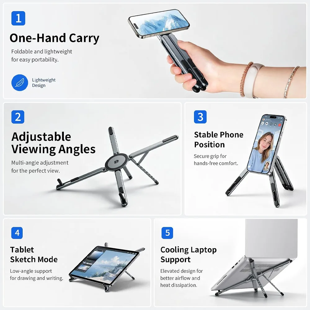 Portable Laptop Stand for Desk, 3-in-1 Adjustable Holder for MacBook, 8-Level Height & Angle, Aluminum Alloy Desktop Stand