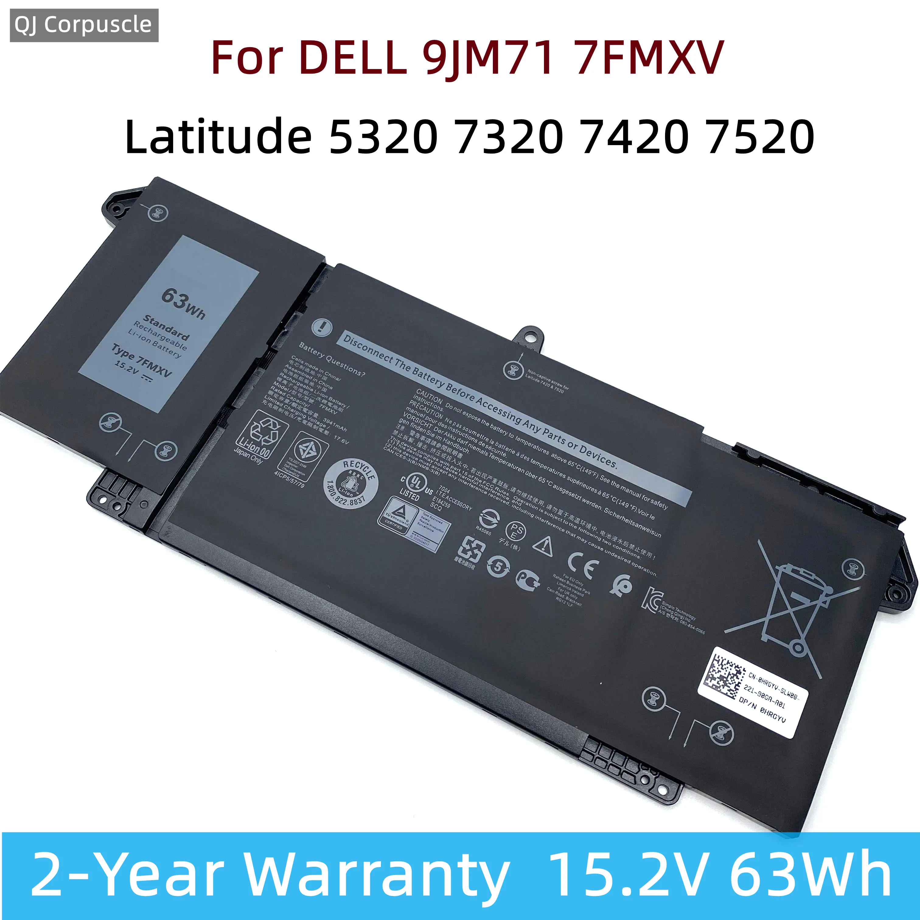 

New 9JM71 7FMXV Laptop Battery For DELL Latitude 5320 7320 7420 7520 Series HDGJ8 MHR4G TN2GY 4M1JN 1PP63 727CG 0TN2GY P134G001