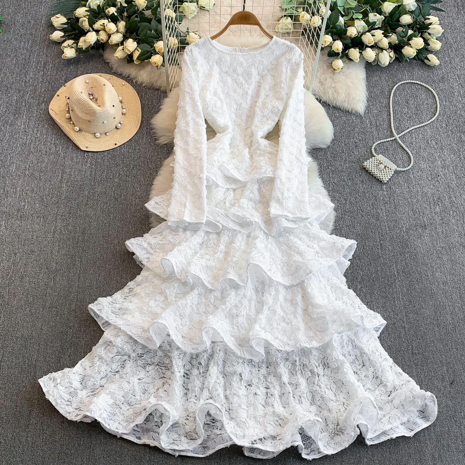 Vestido longo de renda rosa/preto/branco para mulheres, vestido de noite elegante com bordado rosa, manga larga, vestido de festa formal em camadas, novo