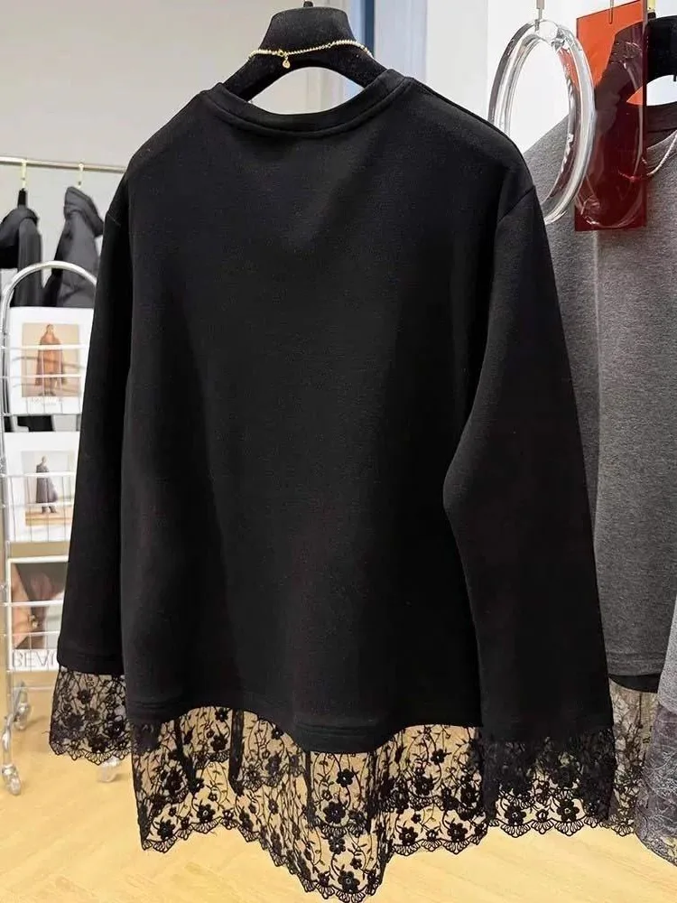 Women Lace Patchwork Long Sleeve T-shirt Autumn Winter Fleece Lined Warm Base Layer Top Loose Oversized Mid Length Plus Size Inn