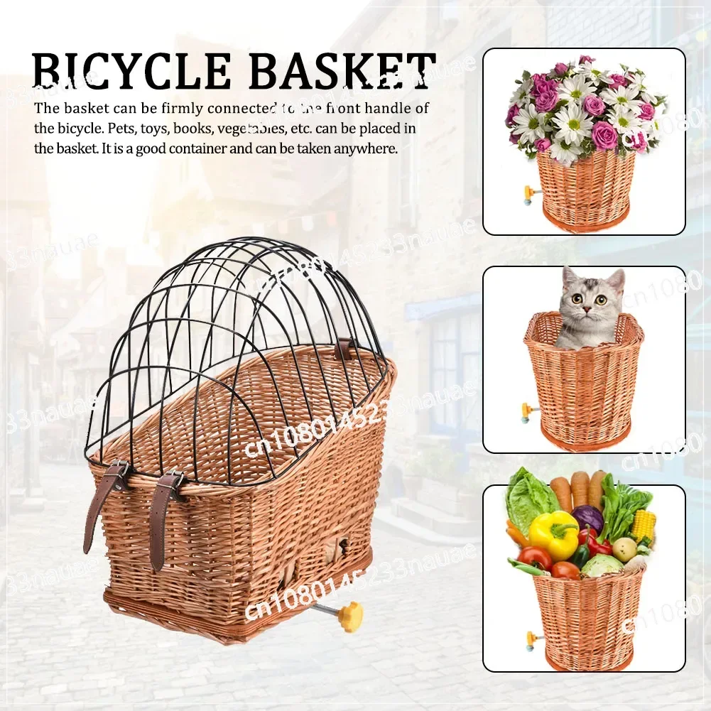 Cat Dog Bicycle Front Handlebars Basket Pets Seat Wicker Woven Bike Basket Small Pet Carrier Cycling Accessories Shopping Basket