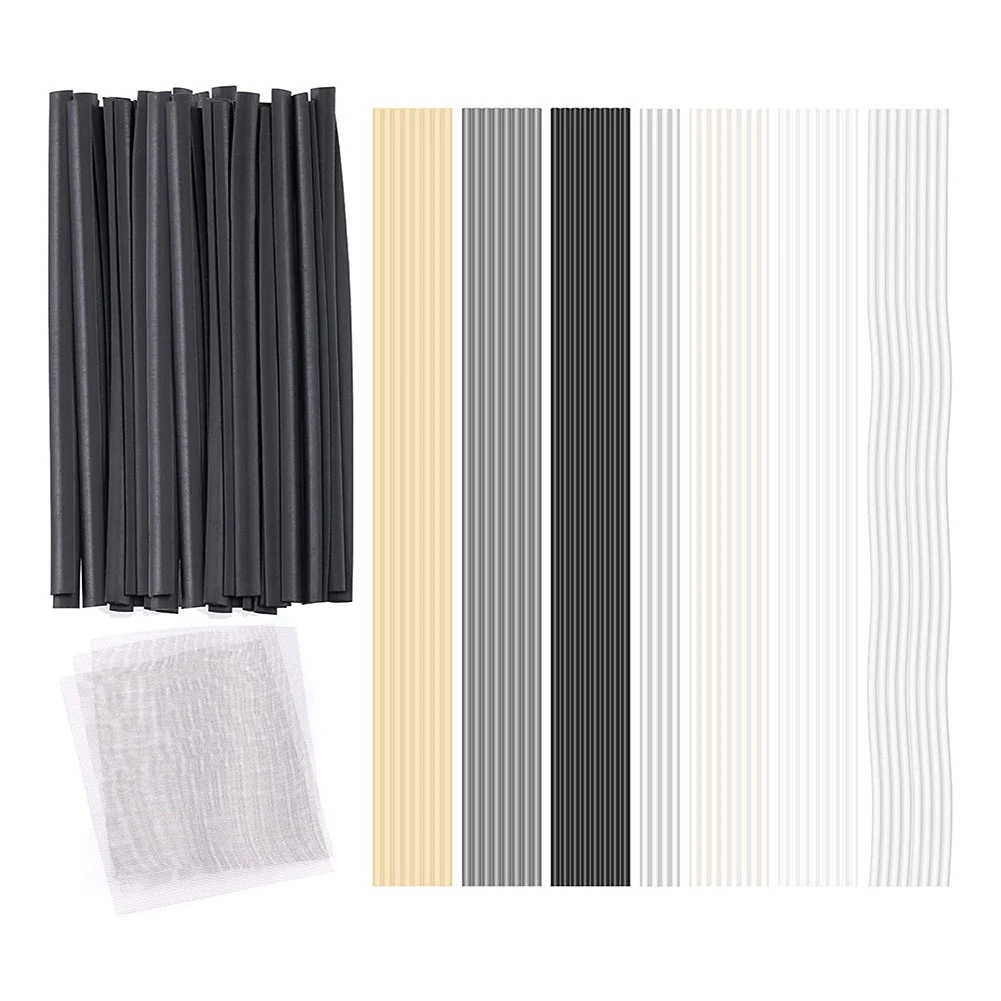 

75Pcs Plastic Welding Rods with Reinforcing Stainless Steel Mesh Kit, Types Welding Plastic and Flat Ribbon Welding Rods