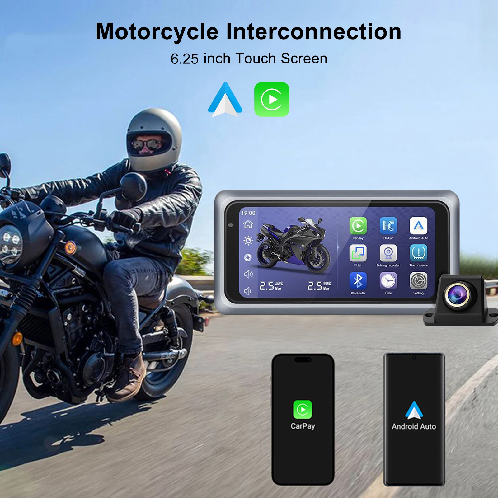 

6.25 Inch 1000nit External Portable Motorcycle Screen IPX7 Waterproof Motorcycle CarPlay Android Auto Tire Pressure Detection